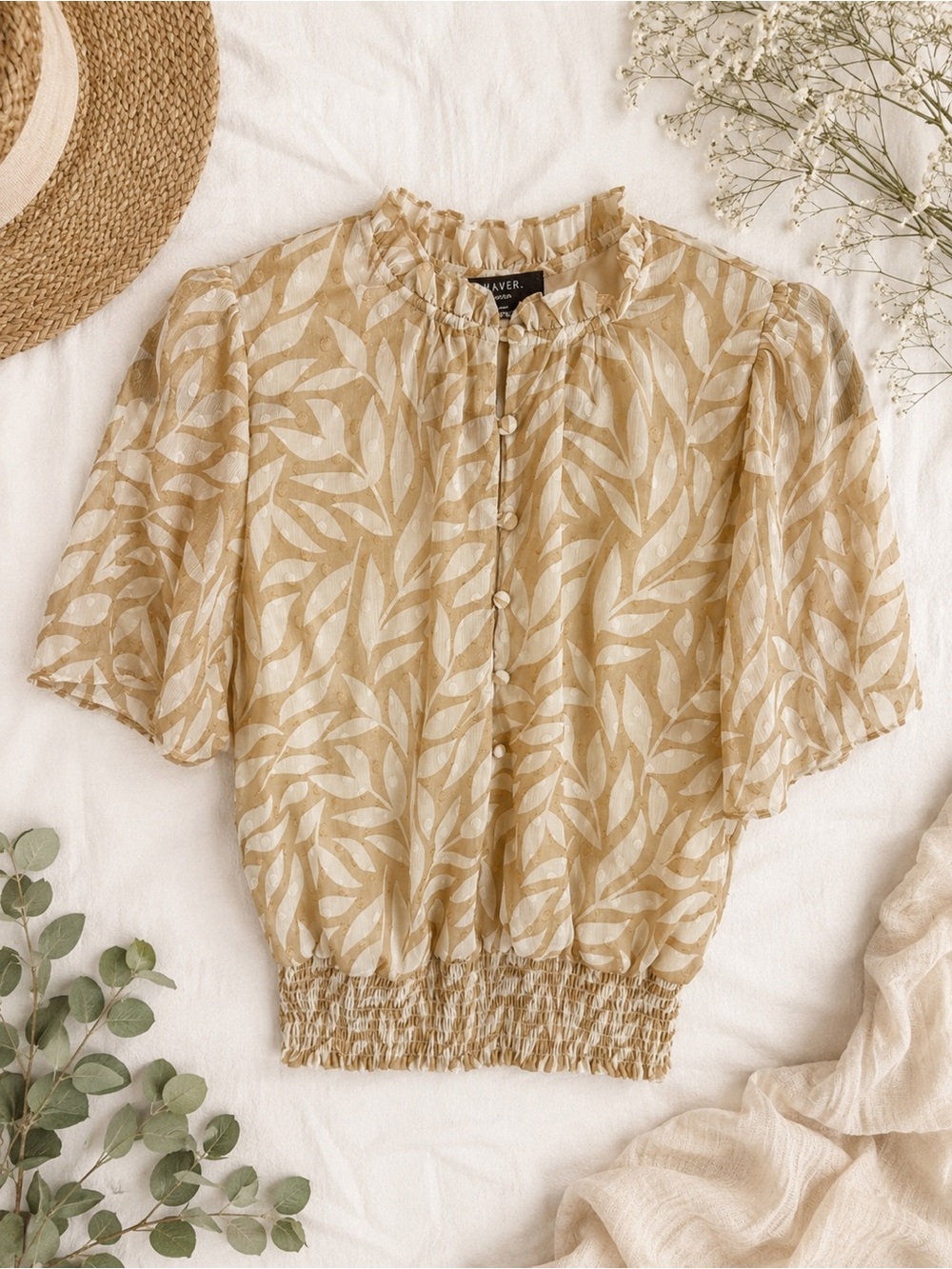 Haver London S/P Beige Leaf Print Ruffle Neck Smocked Hem Blouse